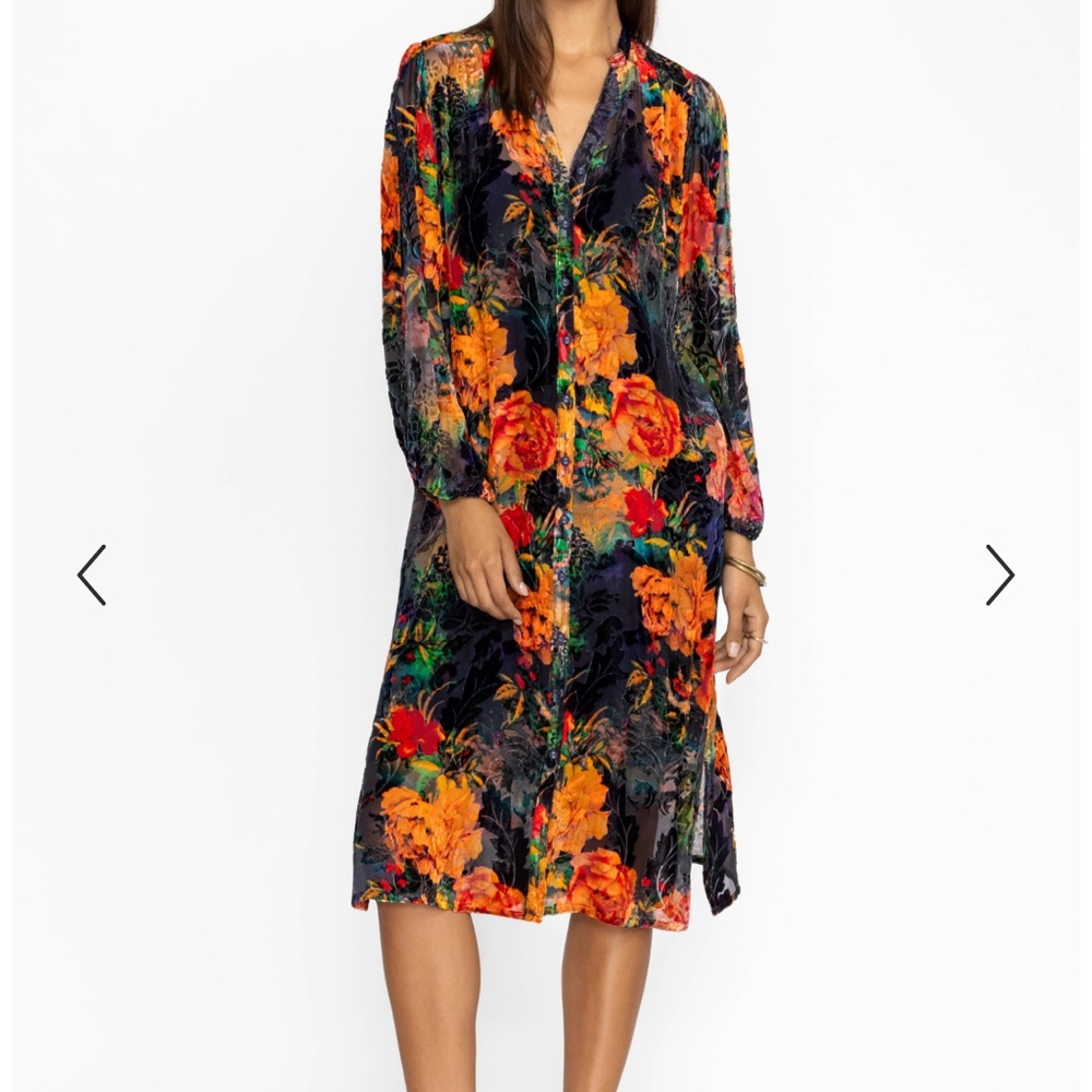 Johnny Was Orange and Red Sheath Dress with Bishop Sleeves